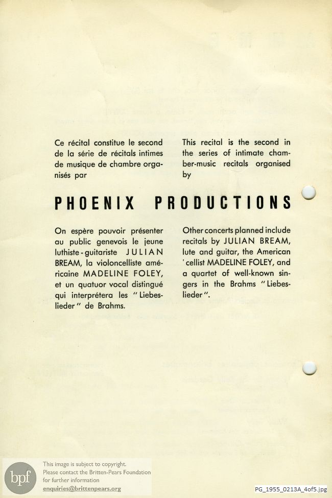 Concert programme:  Britten Seven sonnets of Michelangelo, Geneva