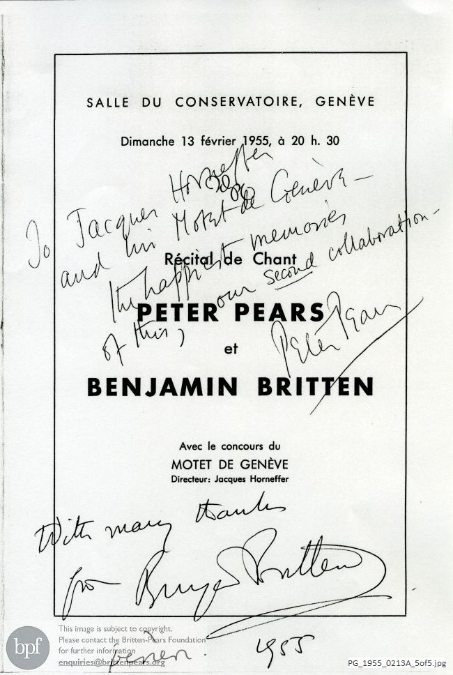 Concert programme:  Britten Seven sonnets of Michelangelo, Geneva