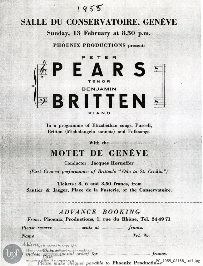 Concert programme:  Britten Seven sonnets of Michelangelo, Geneva flyer