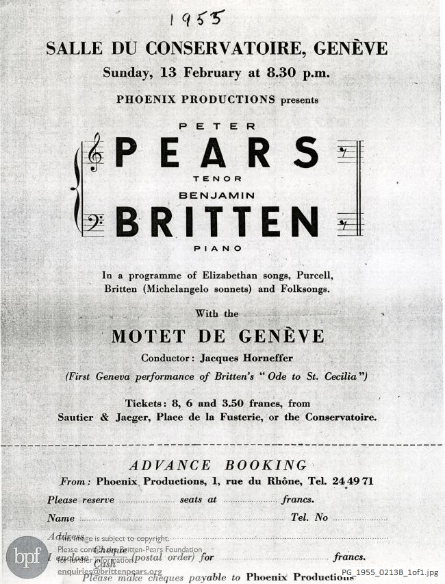 Concert programme:  Britten Seven sonnets of Michelangelo, Geneva flyer