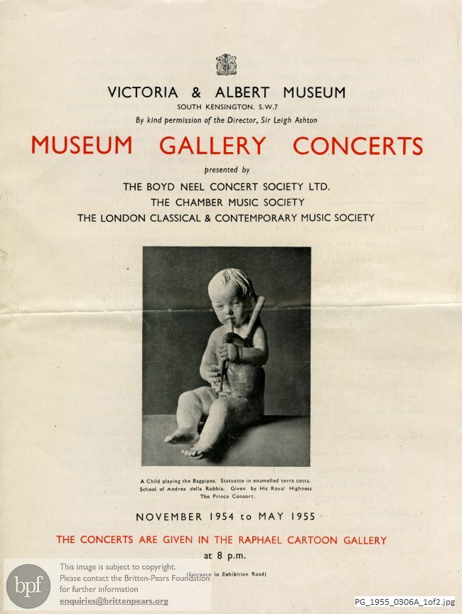 Concert programme:  Purcell Singers, Victoria & Albert Museum, London
