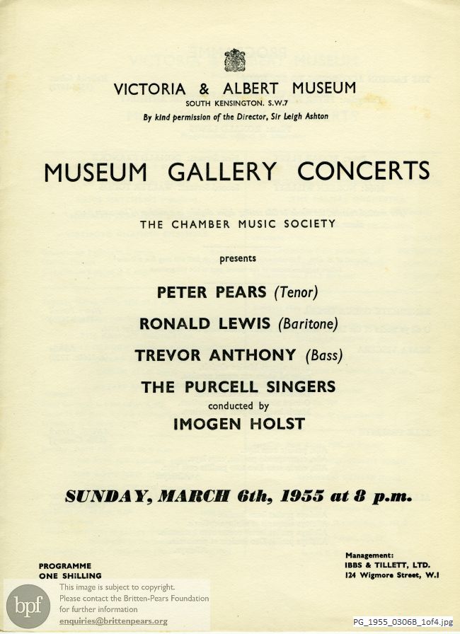 Concert programme:  Britten Hymn to the Virgin, Purcell Singers, Victoria & Albert Museum
