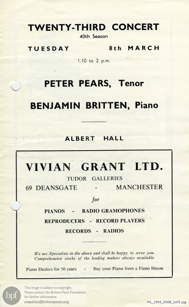 Concert programme:  Britten Winter words, Manchester