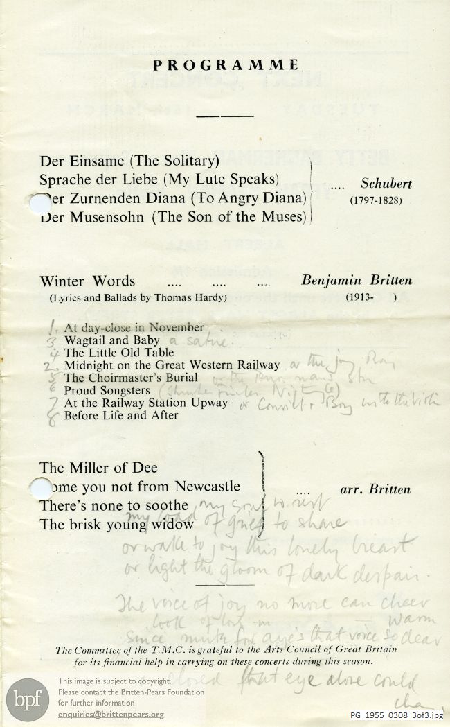 Concert programme:  Britten Winter words, Manchester