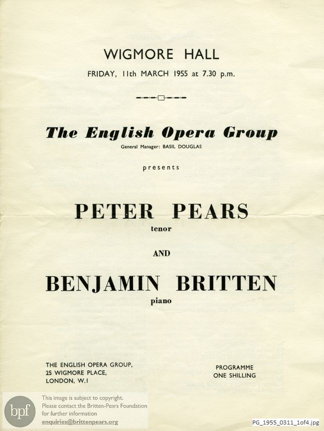 Concert programme:  Britten Seven sonnets of Michelangelo, Wigmore Hall