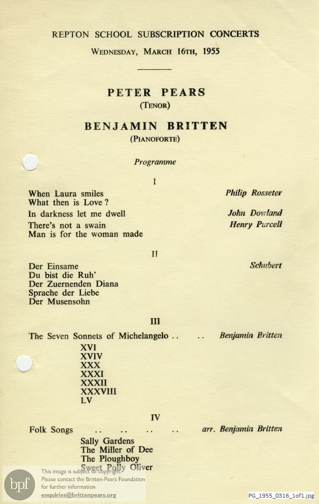 Concert programme:  Britten Seven sonnets of Michelangelo, Repton School