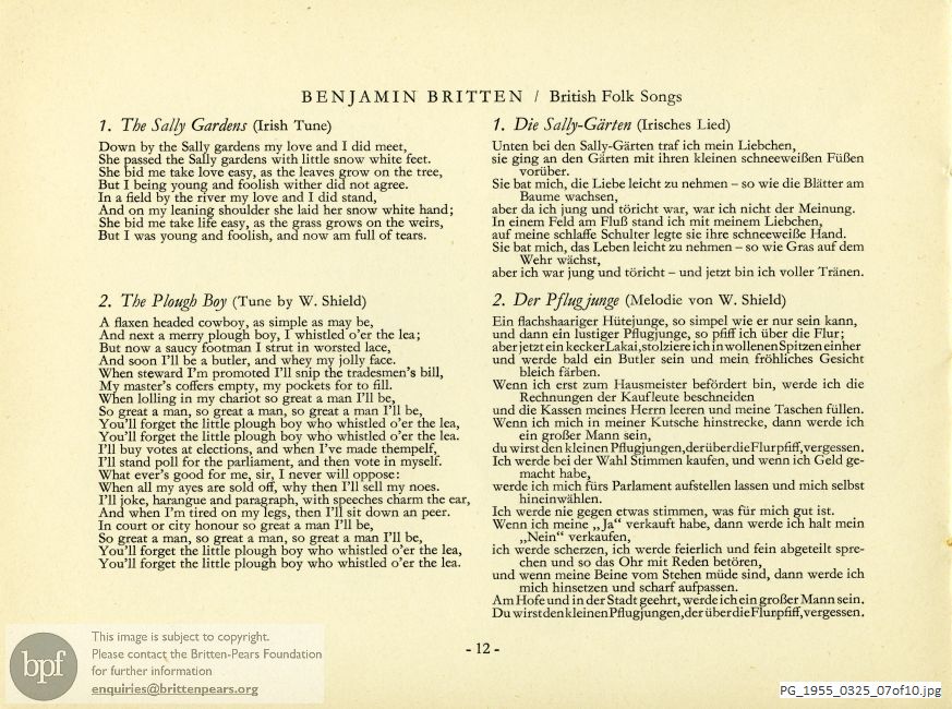 Concert programme:  Britten Seven sonnets of Michelangelo, Düsseldorf