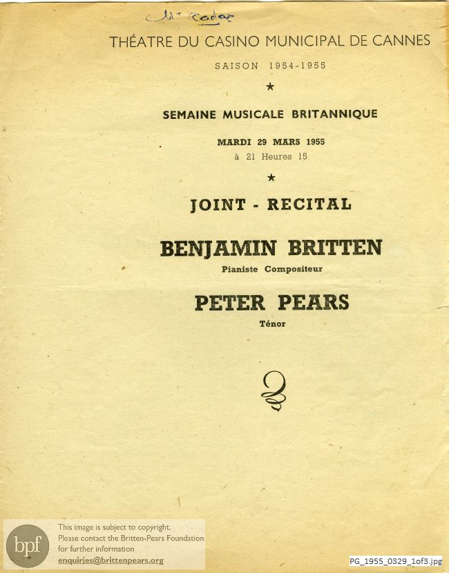 Concert programme:  Britten Winter words, Cannes