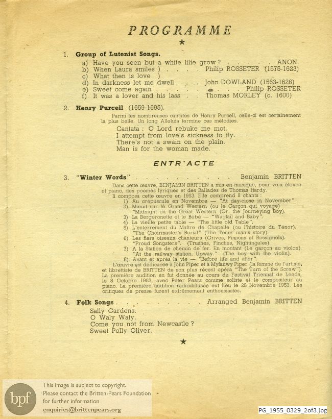Concert programme:  Britten Winter words, Cannes