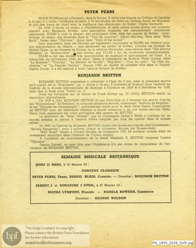 Concert programme:  Britten Winter words, Cannes