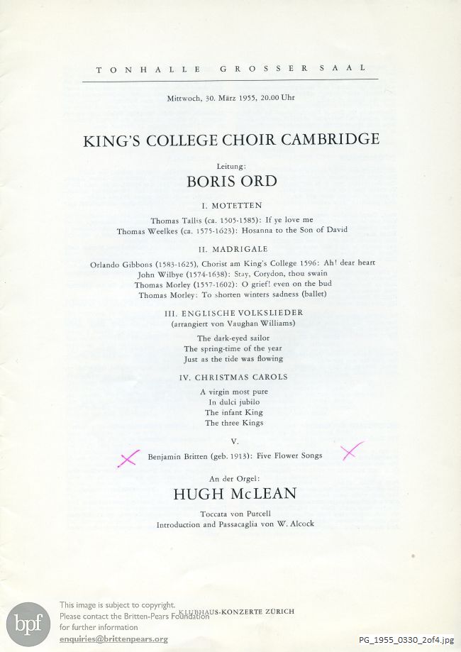 Concert programme:  Britten Five flower songs, Zürich, King's College Choir