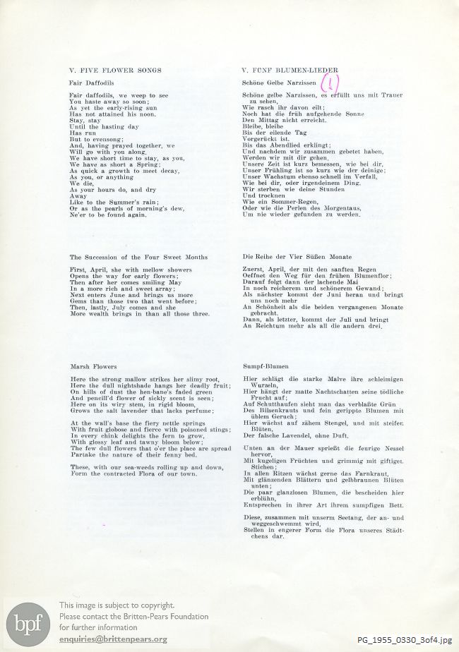 Concert programme:  Britten Five flower songs, Zürich, King's College Choir