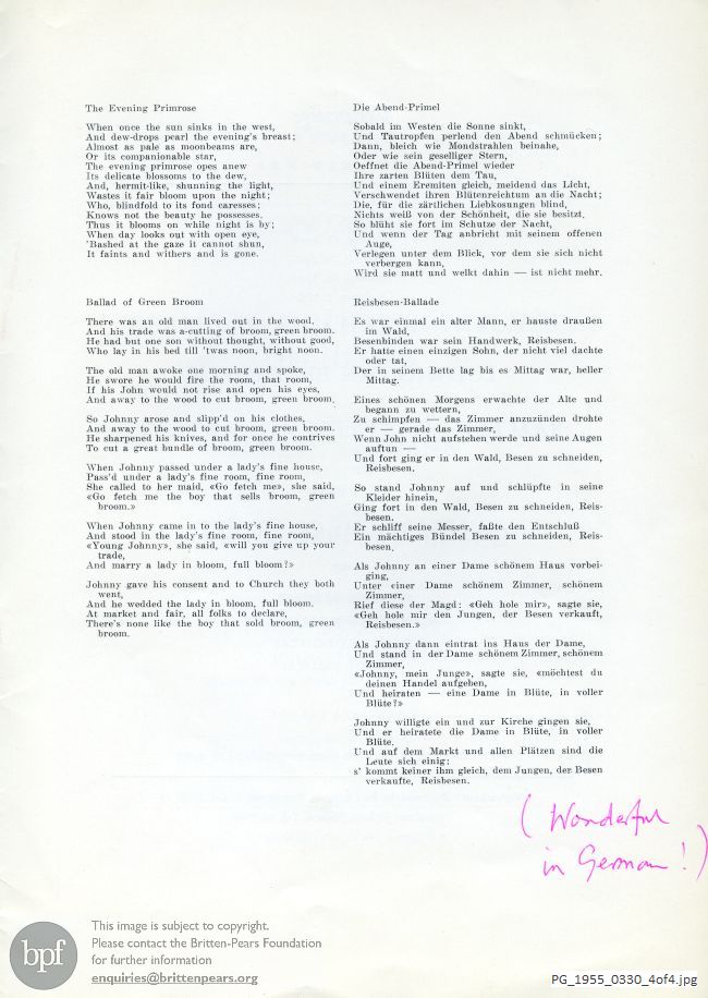 Concert programme:  Britten Five flower songs, Zürich, King's College Choir