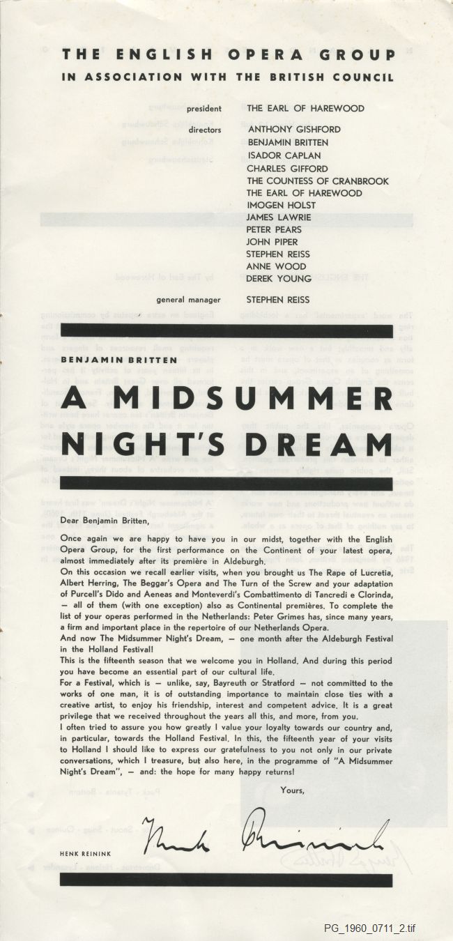 Programme for performance of Midsummer Night's Dream at Holland Festival