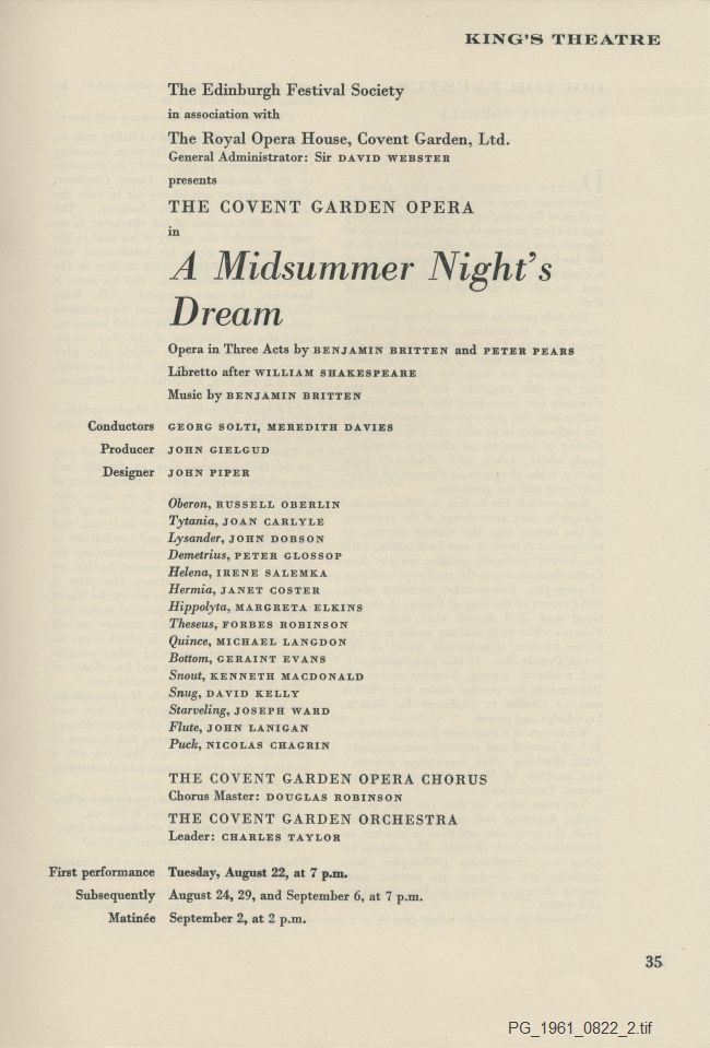 Souvenir programme for Edinburgh Festival 1961