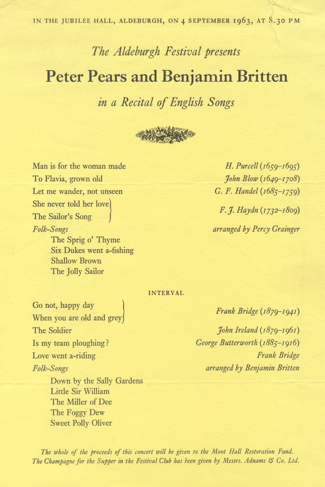 Programme for Britten and Pears recital of English Songs in Aldeburgh