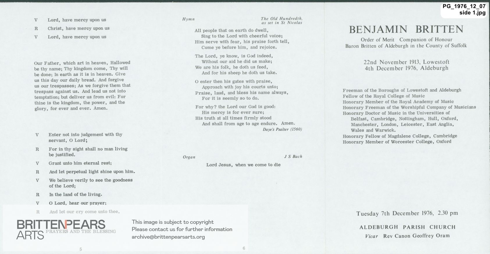 Order of Service for Benjamin Britten's funeral service