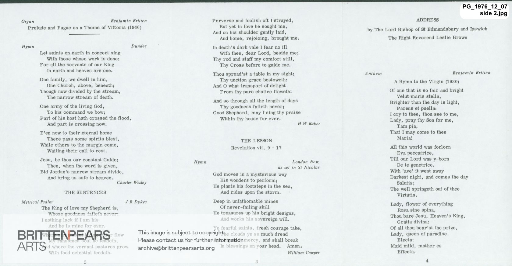 Order of Service for Benjamin Britten's funeral service