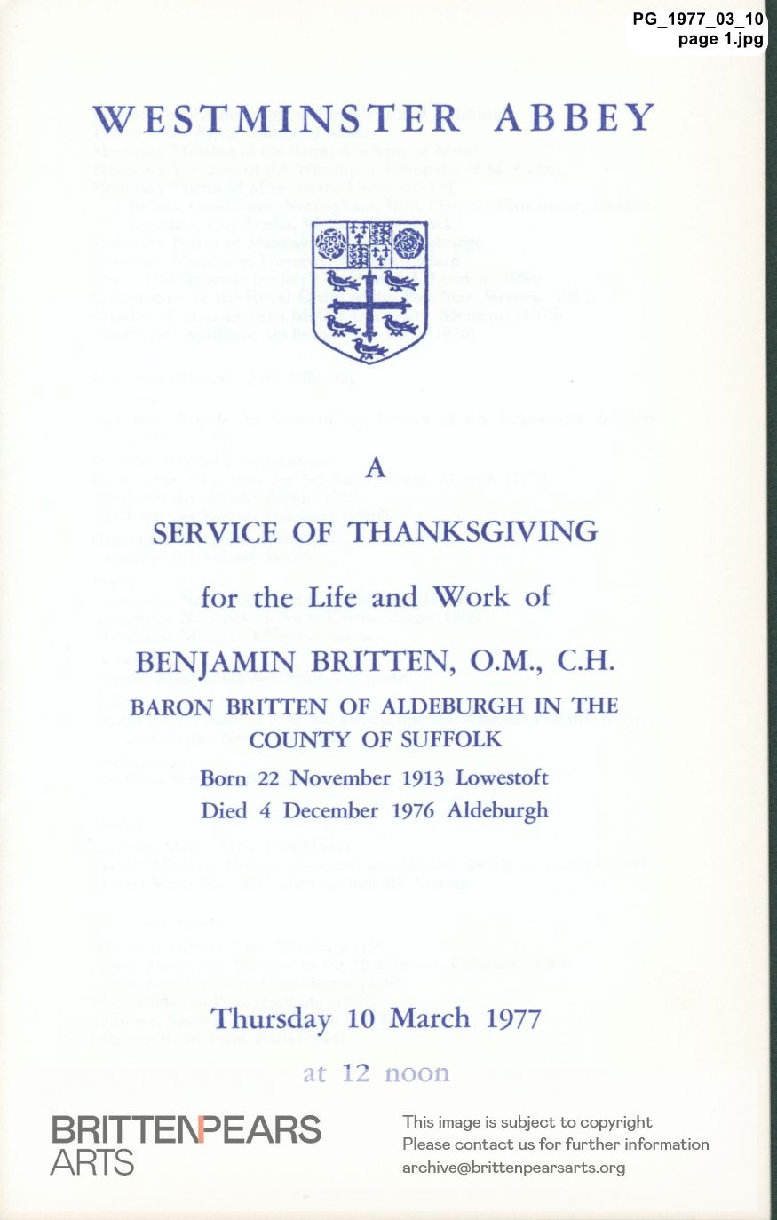 Order of Service for A Service of Thanksgiving for the Life and Work of Benjamin Britten