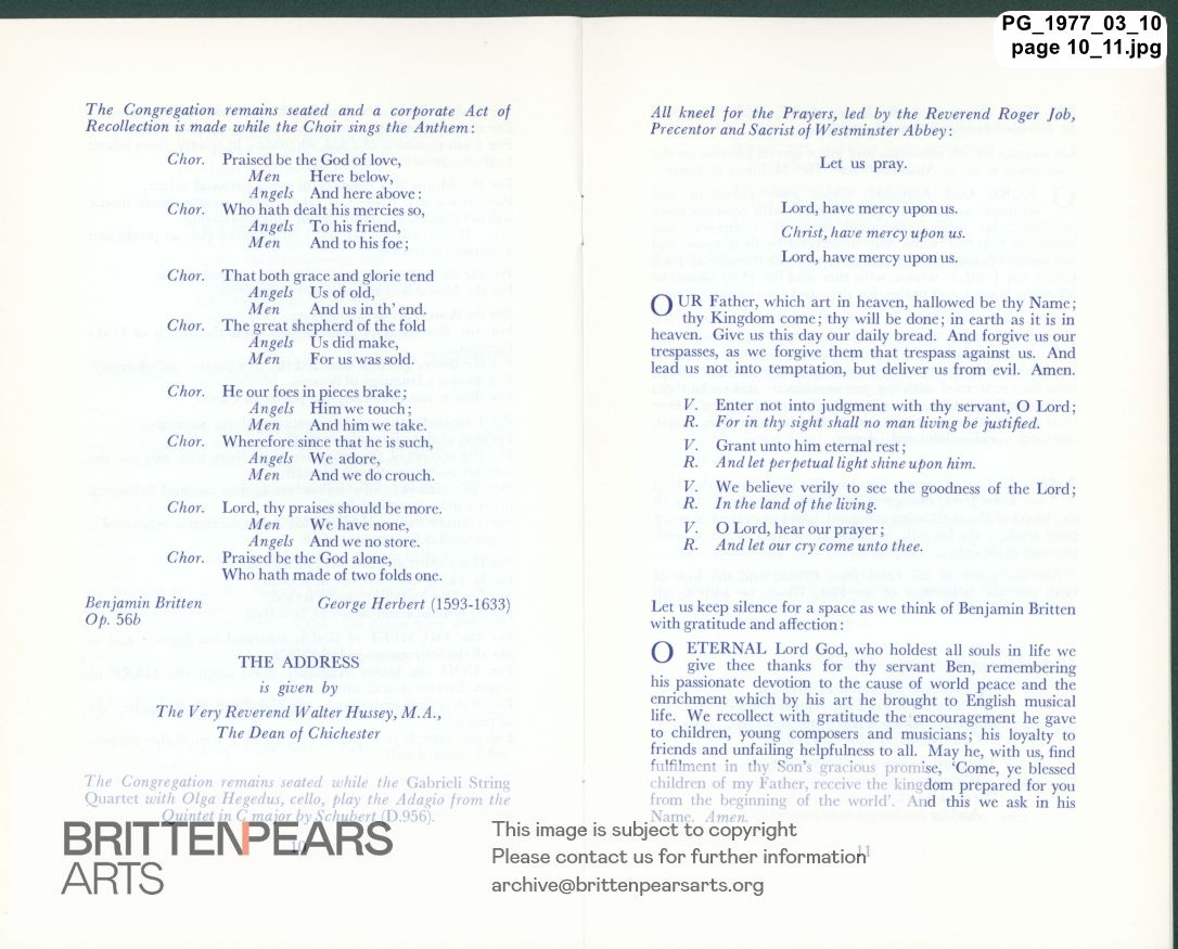 Order of Service for A Service of Thanksgiving for the Life and Work of Benjamin Britten