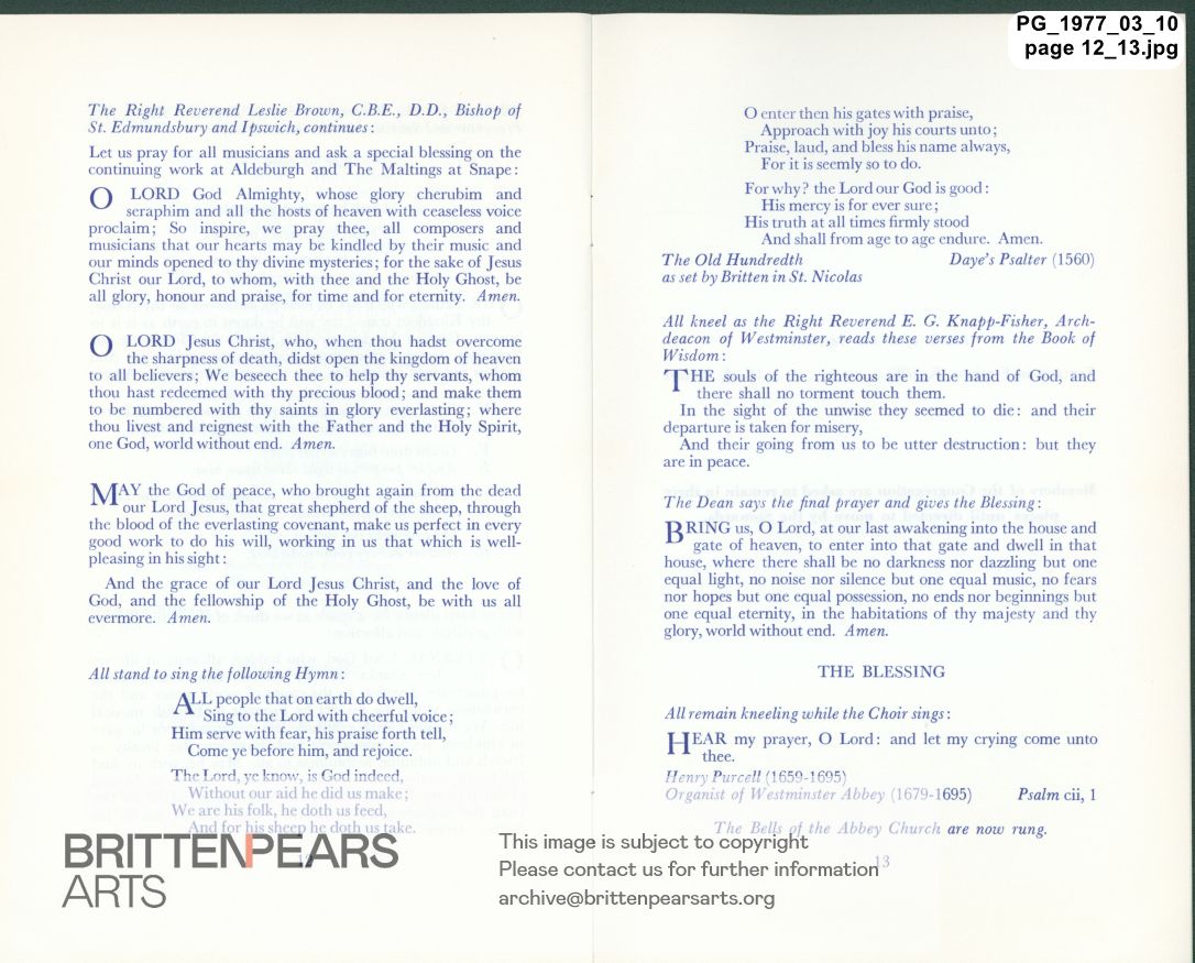 Order of Service for A Service of Thanksgiving for the Life and Work of Benjamin Britten