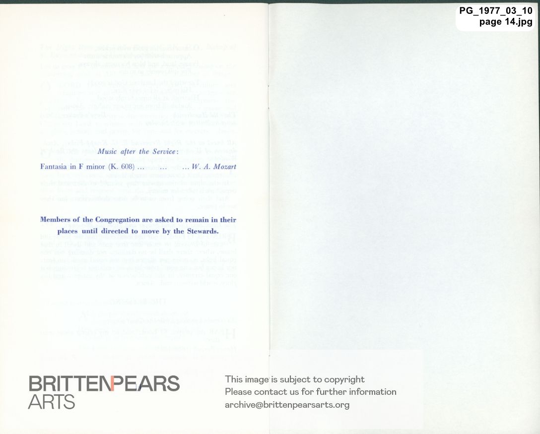 Order of Service for A Service of Thanksgiving for the Life and Work of Benjamin Britten