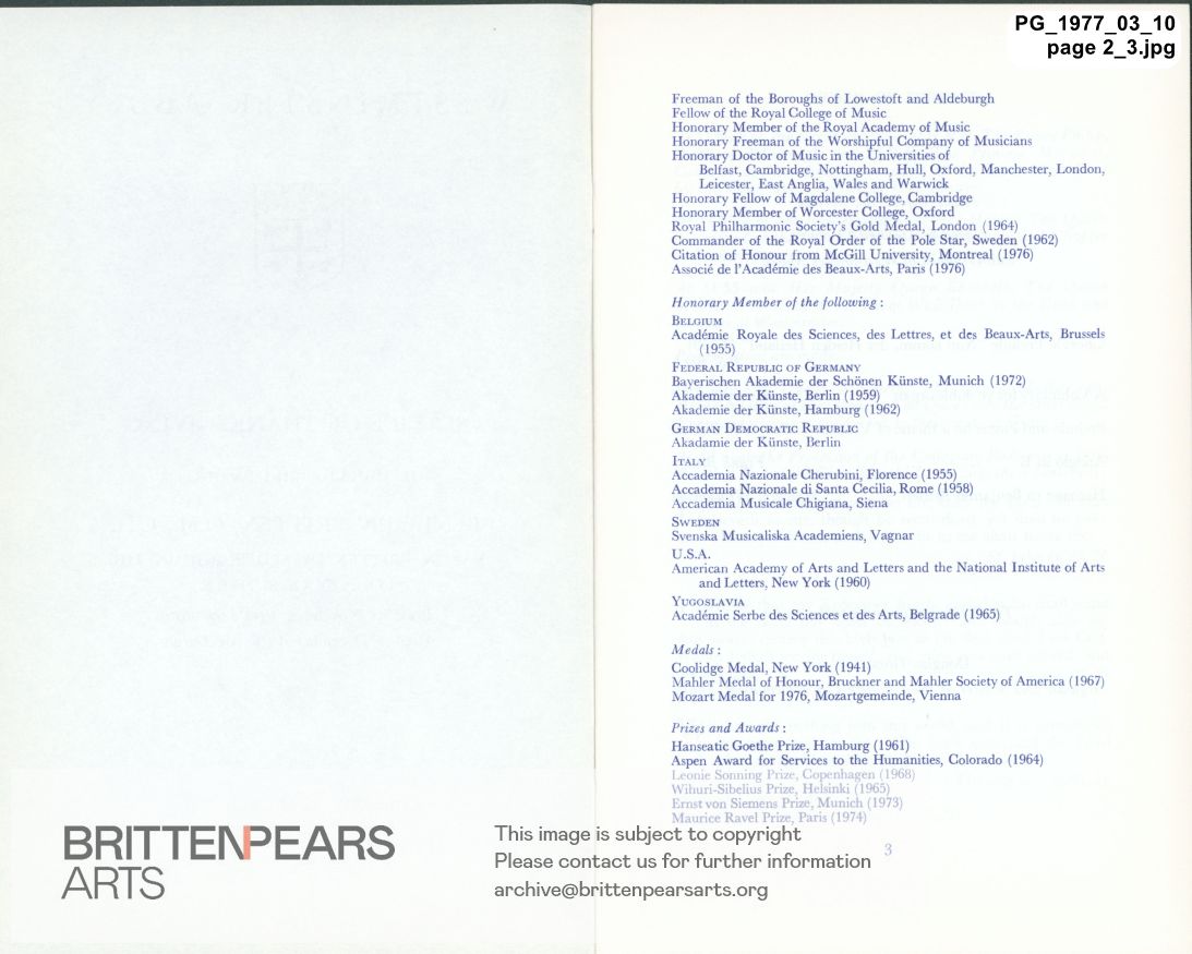 Order of Service for A Service of Thanksgiving for the Life and Work of Benjamin Britten