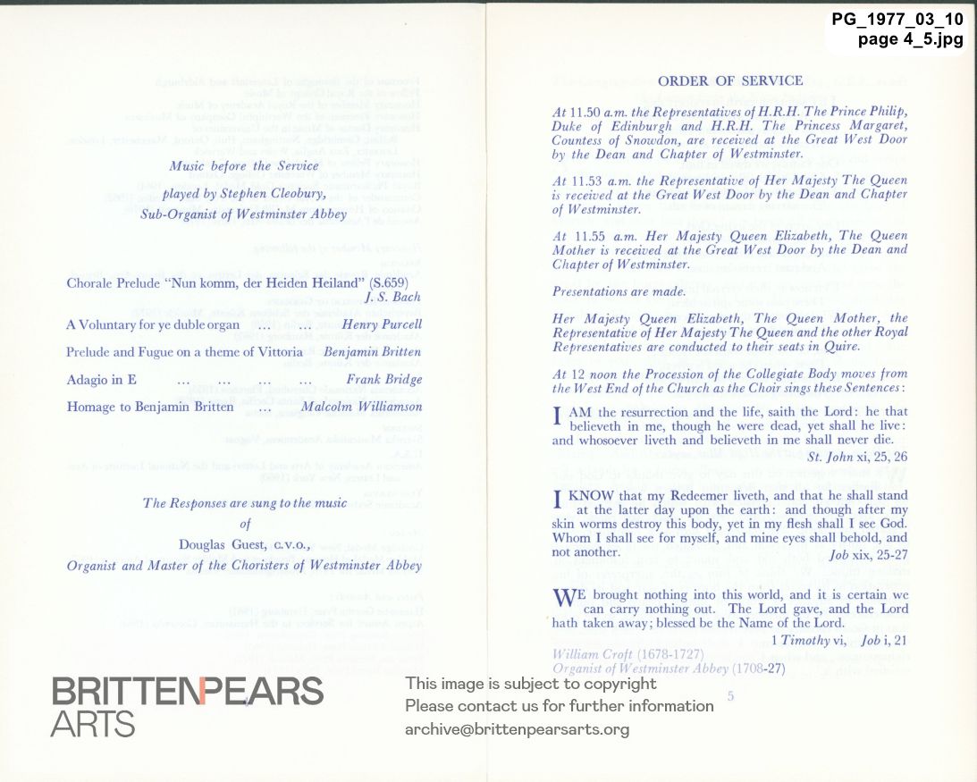 Order of Service for A Service of Thanksgiving for the Life and Work of Benjamin Britten