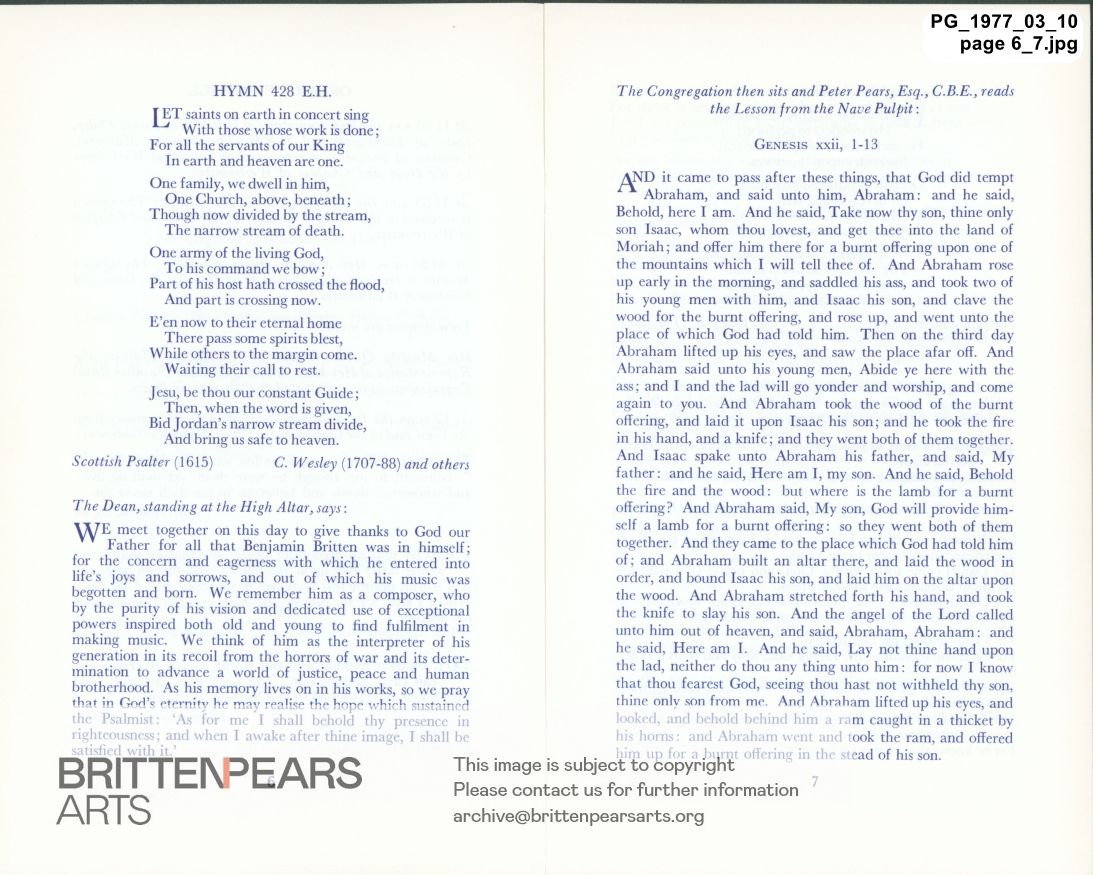 Order of Service for A Service of Thanksgiving for the Life and Work of Benjamin Britten
