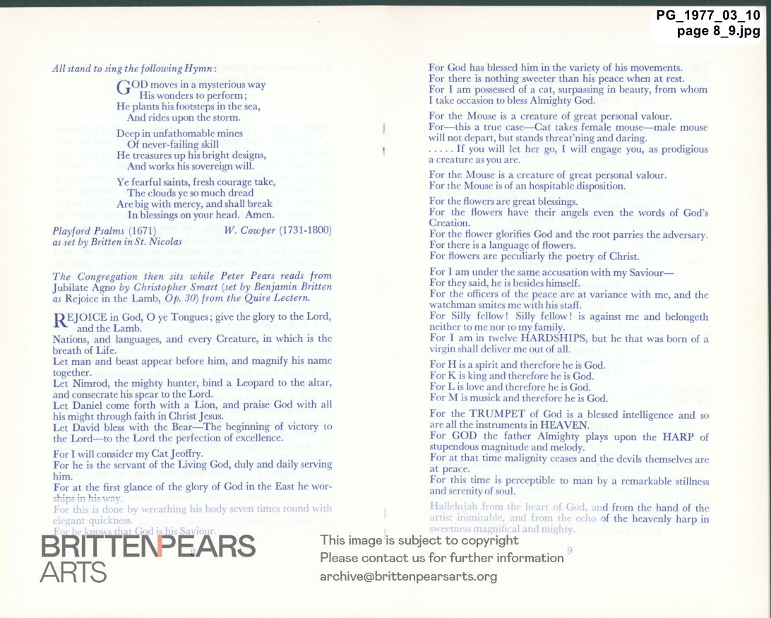 Order of Service for A Service of Thanksgiving for the Life and Work of Benjamin Britten