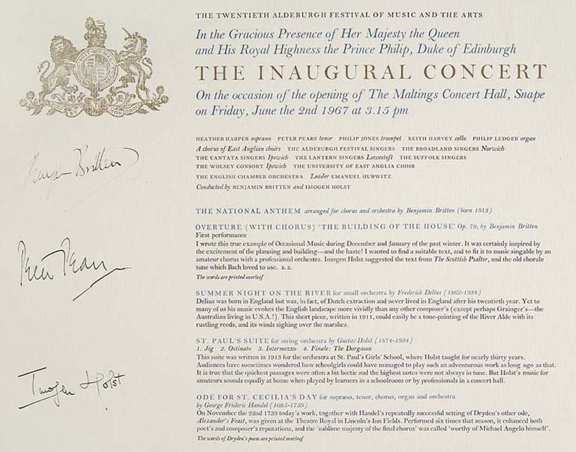 Programme for the Inaugural Concert at Snape