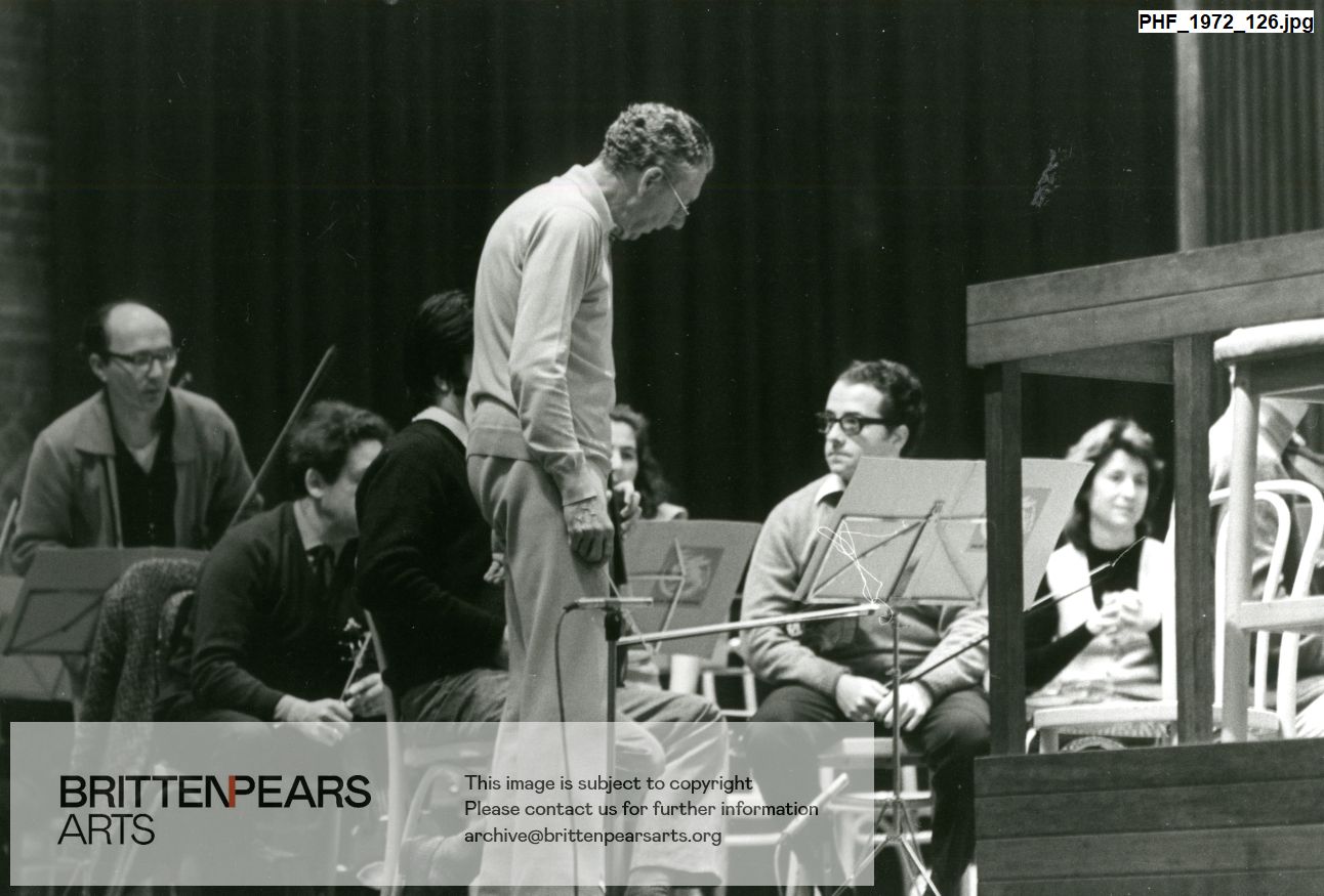 Photograph of Britten and José-Luis Garcia with members of the English Chamber Orchestra