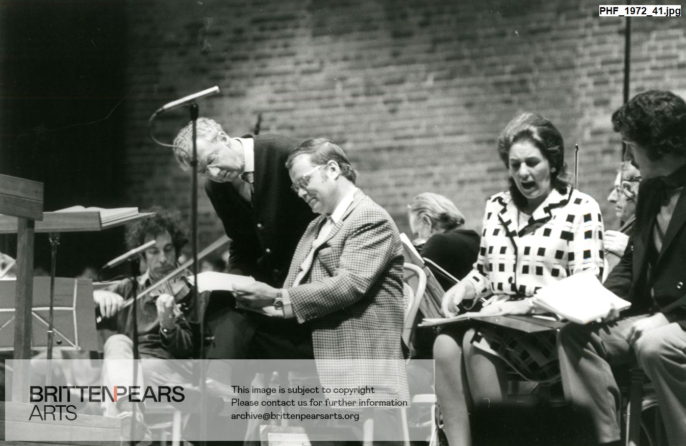 Photograph of Britten, Dietrich Fischer-Dieskau, Heather Harper and Michael Rippon