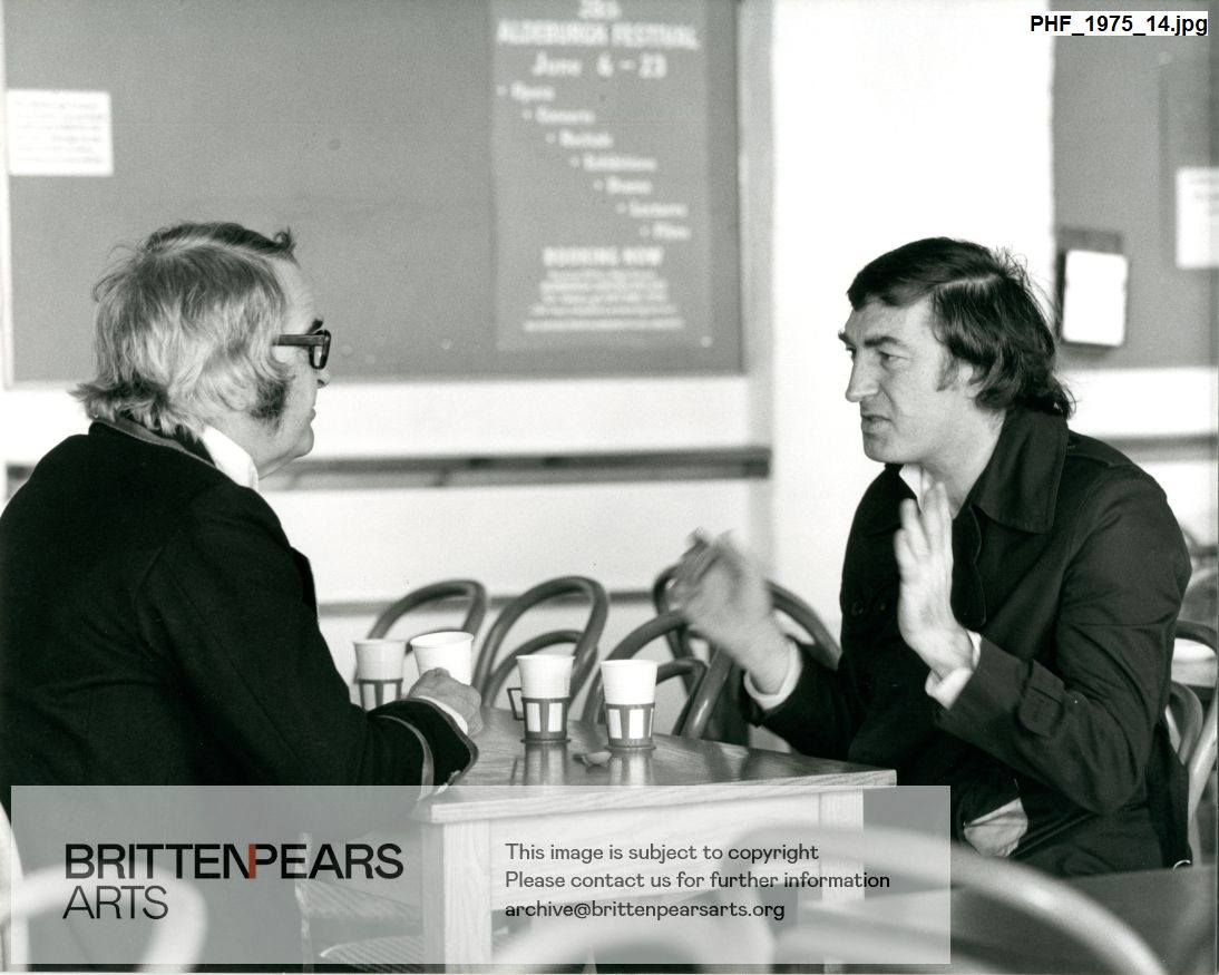 Photograph of Brian Drake and Neville Williams in Snape Maltings restaurant