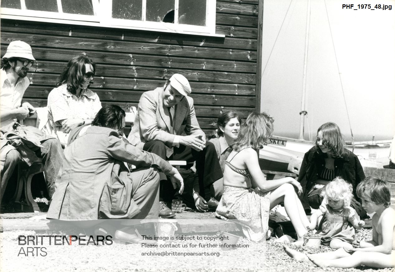 Photograph of Julian Bream in a group on Aldeburgh Beach