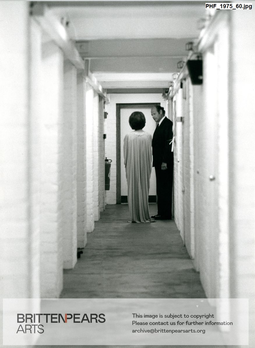 Photograph of Janet Baker and Norman Del Mar backstage at Snape Maltings Concert Hall