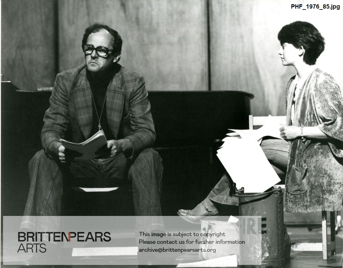 Photograph of Anton Rogers and Nicola Paget in rehearsal at Jubilee Hall