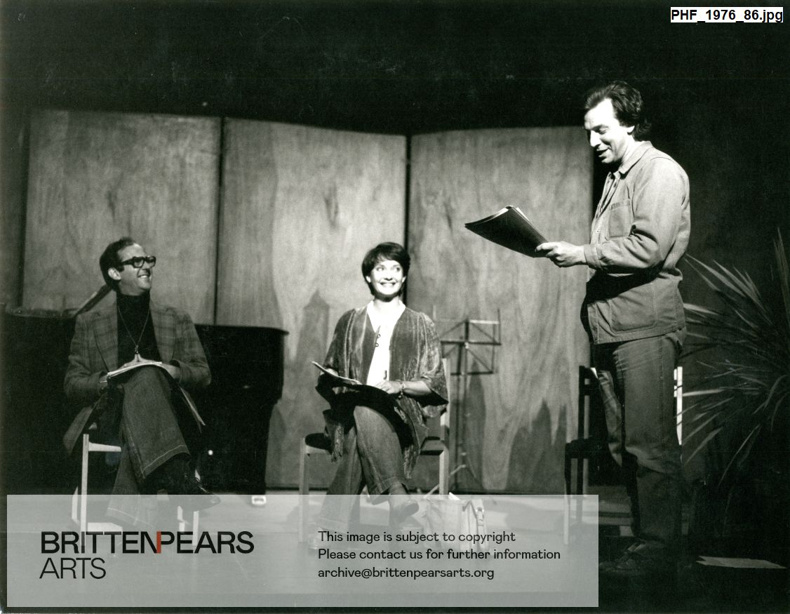 Photograph of Patrick Garland, Anton Rogers and Nicola Paget in rehearsal at Jubilee Hall
