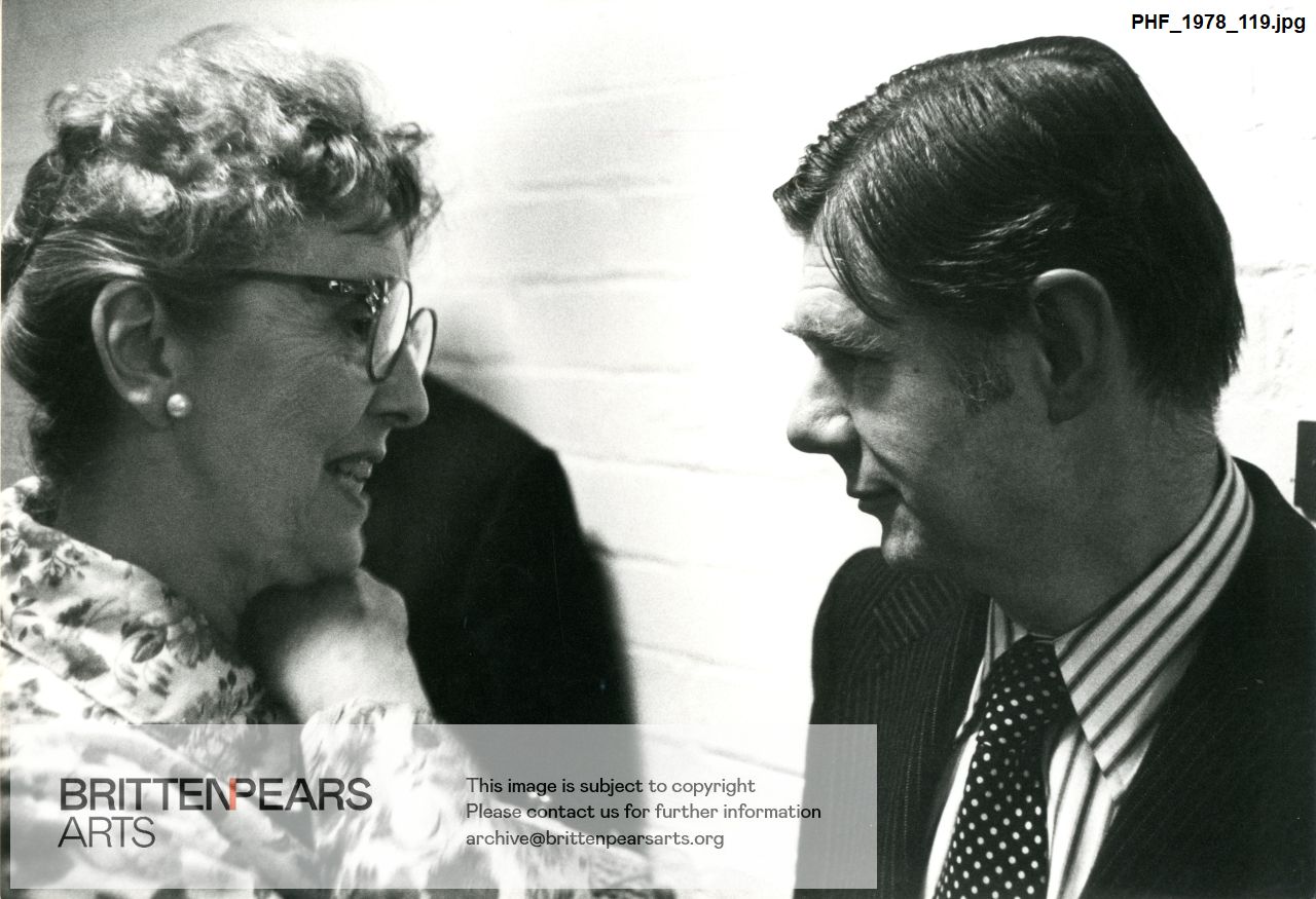 Photograph of Joyce Grenfell talking to Keith Shelley