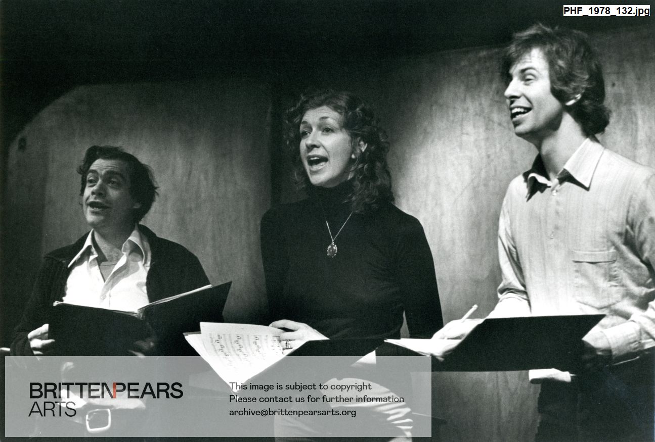 Photograph of Anthony Rolfe Johnson, Felicity Lott and Richard Jackson at rehearsal