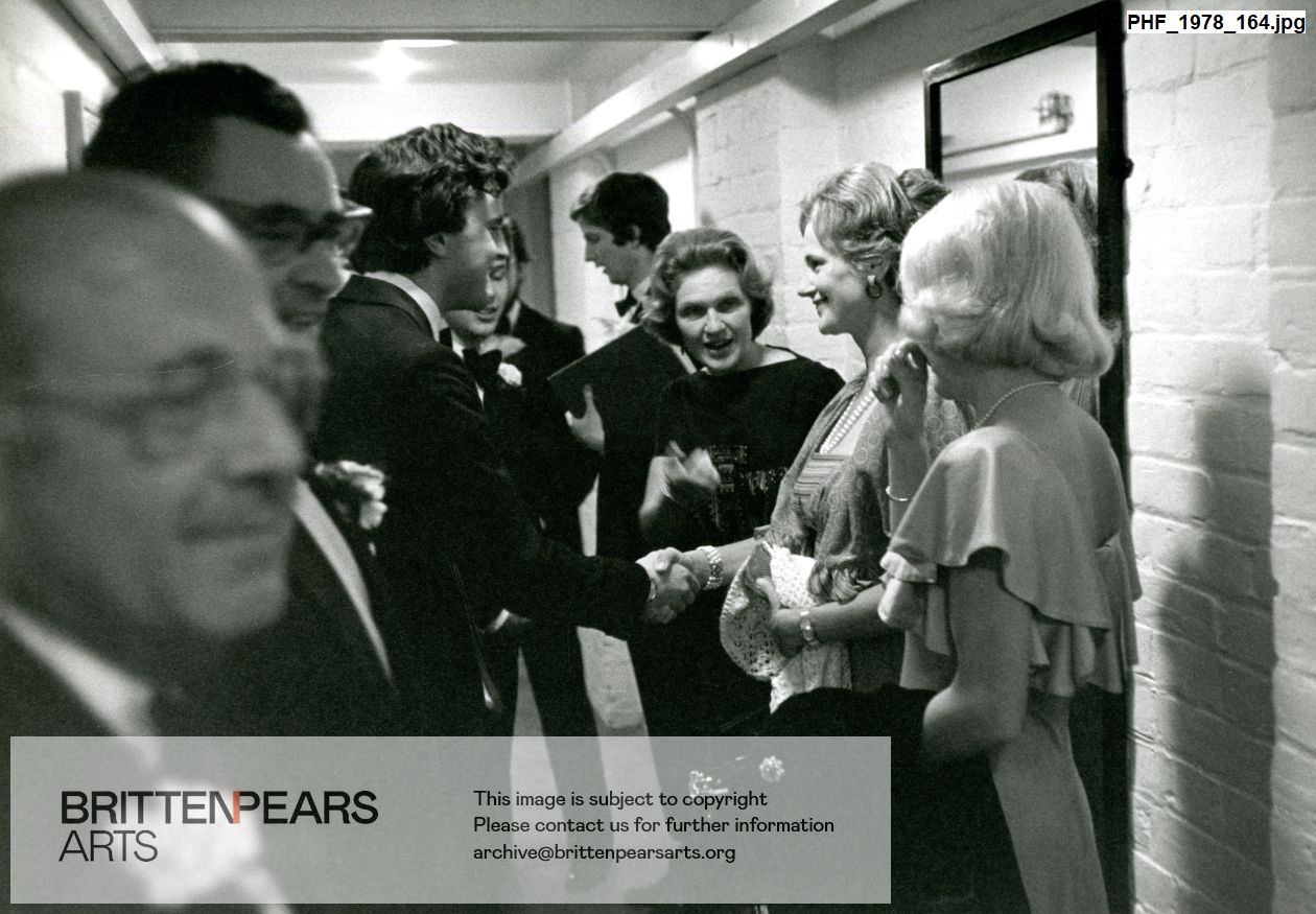 Photograph of Siegmund Nisser, Osian Ellis, Rodney Slatford, Lady Prudence Penn and Jane de Vries backstage at Snape Maltings Concert Hall