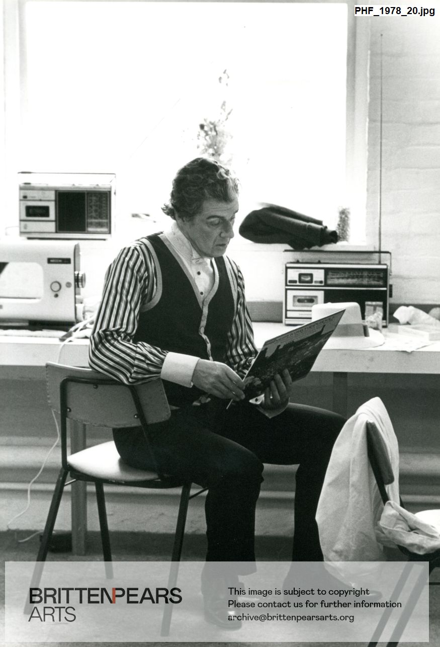 Photograph of John Shirley-Quirk in costume for Death in Venice, in Snape Malting dressing rooms