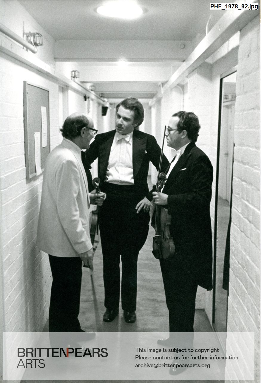 Photograph of Cecil Aronowitz, Stuart Bedford and Jose Luis Garcia backstage at Snape Maltings Concert Hall