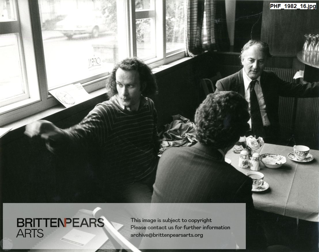 Photograph of Colin Matthews, Donald Mitchell and Kenneth Baird taking tea