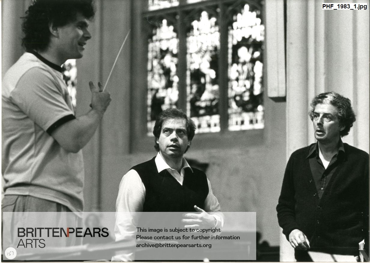 Photograph of Simon Rattle, Anthony Rolfe Johnson and John Shirley Quirk