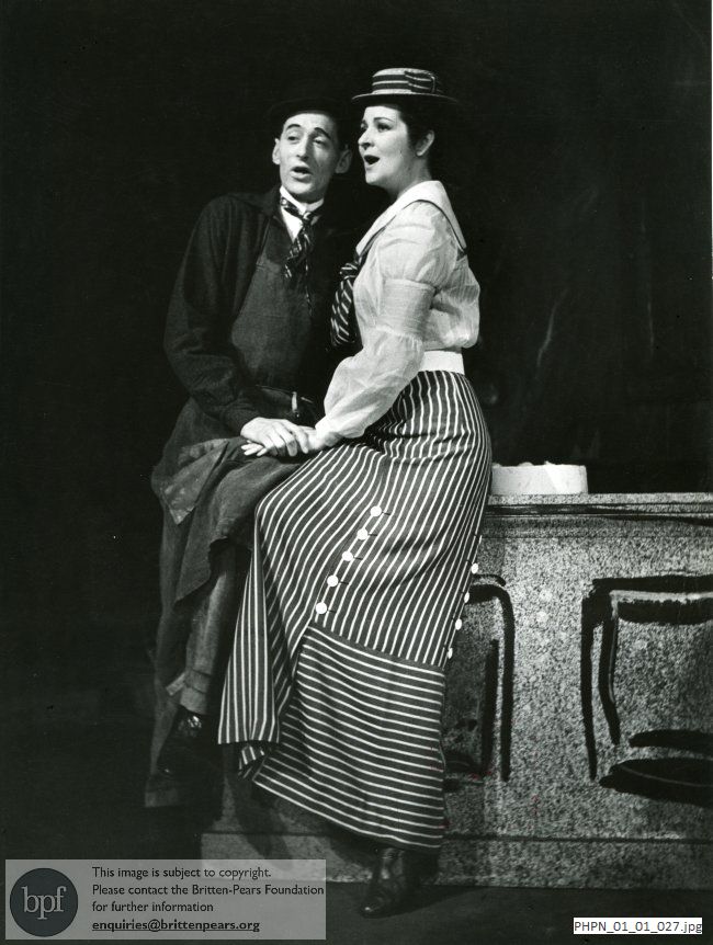 Production photograph of Britten's opera Albert Herring Act I scene 2  Mrs Herring's greengroceery