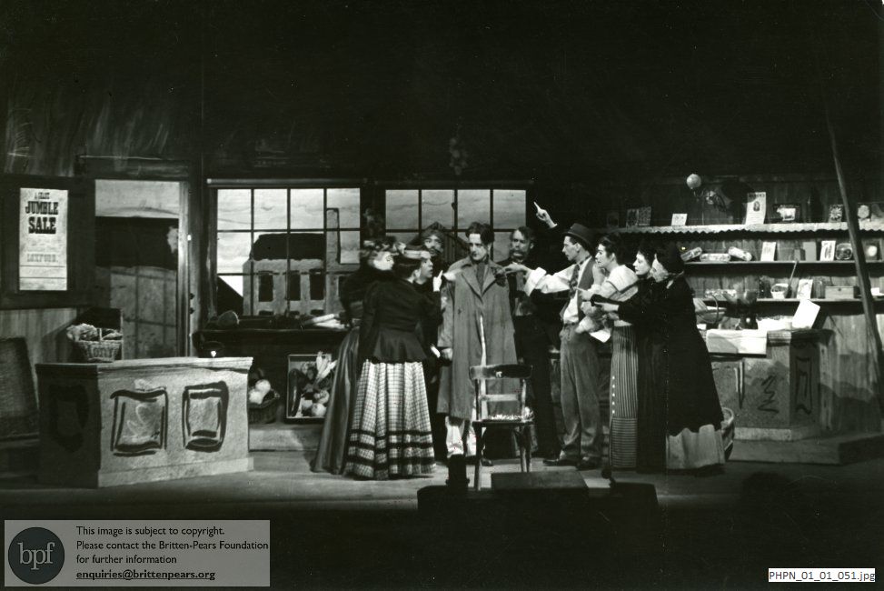 Production photograph of Britten's opera Albert Herring Act III  Mrs Herring's greengroceery