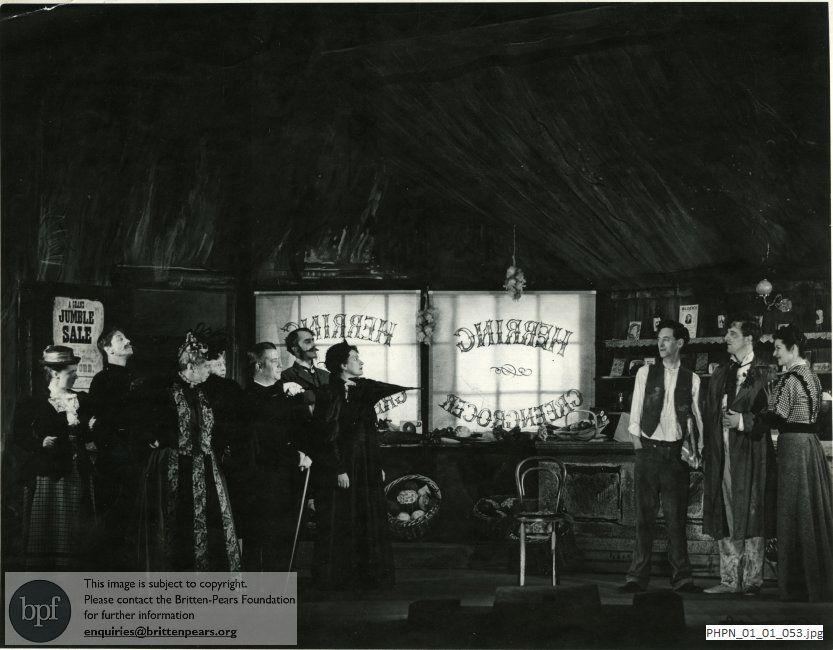 Production photograph of Britten's opera Albert Herring Act III  Mrs Herring's greengroceery