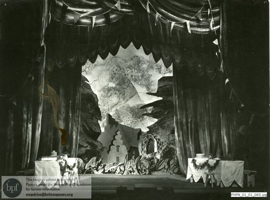 Photograph of the scene setting for Britten's opera Albert Herring Act II scene 1