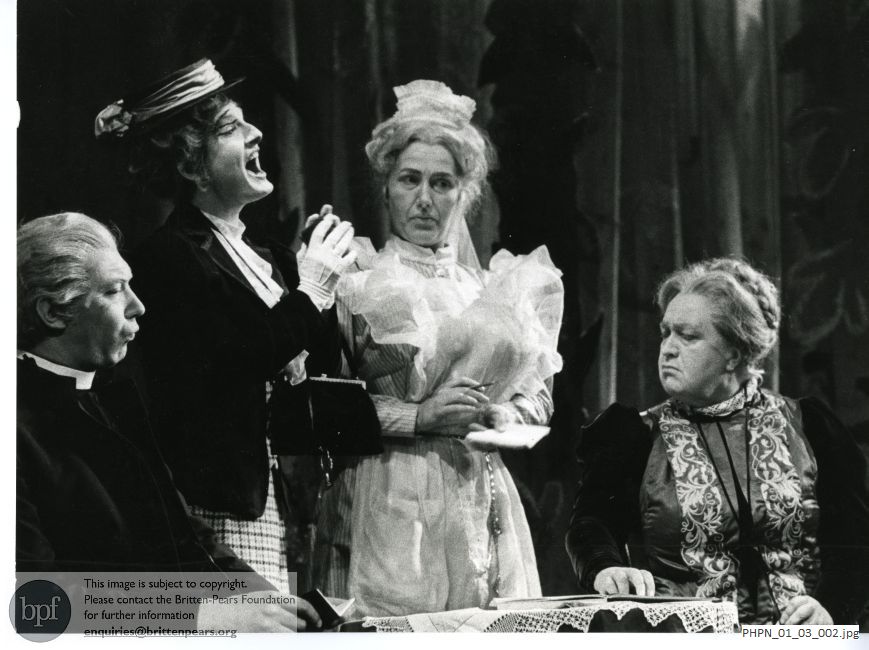 Production photograph of Britten's opera Albert Herring: Act I scene 1, Lady Billows' breakfast room